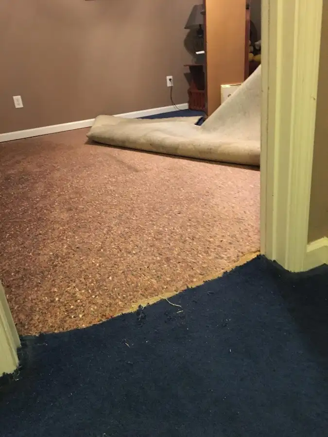 Carpet pad removal revealing water damage during Water Mitigation Services in El Segundo